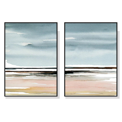Wall Art 50Cmx70cm Pink Beach Landscape 2 Sets Black Frame Canvas