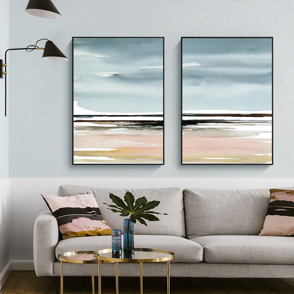 Wall Art 70Cmx100cm Pink Beach Landscape 2 Sets Black Frame Canvas