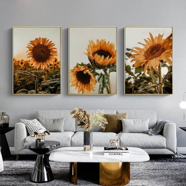 Wall Art 40Cmx60cm Sunflower 3 Sets Gold Frame Canvas