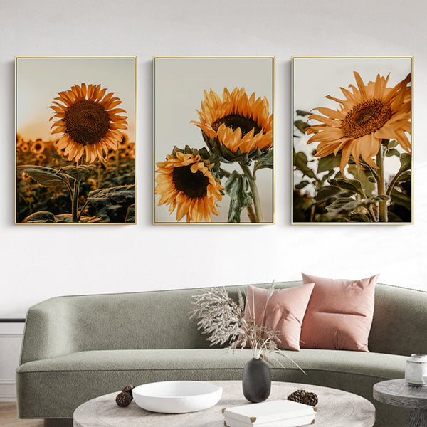 Wall Art 80Cmx120cm Sunflower 3 Sets Gold Frame Canvas