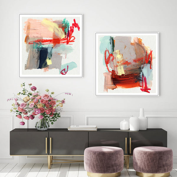Wall Art 50Cmx50cm Abstract Colourful Garden 2 Sets White Frame Canvas