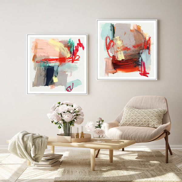 Wall Art 50Cmx50cm Abstract Colourful Garden 2 Sets White Frame Canvas