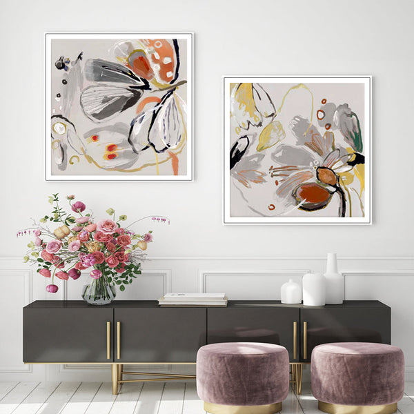 Wall Art 40Cmx40cm Blooming Spring Floral 2 Sets White Frame Canvas