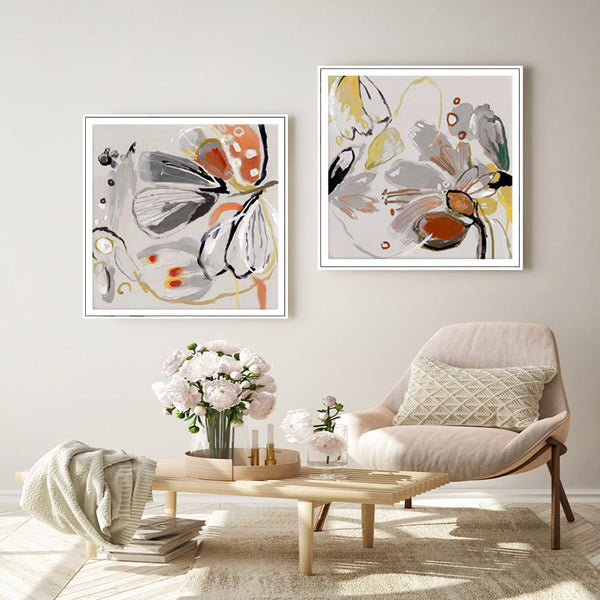 Wall Art 90Cmx90cm Blooming Spring Floral 2 Sets White Frame Canvas