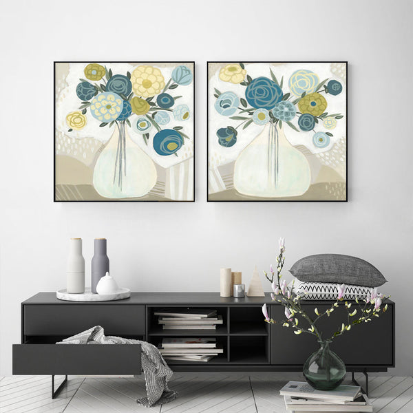 Wall Art 100Cmx100cm Blue Bouquet 2 Sets Black Frame Canvas