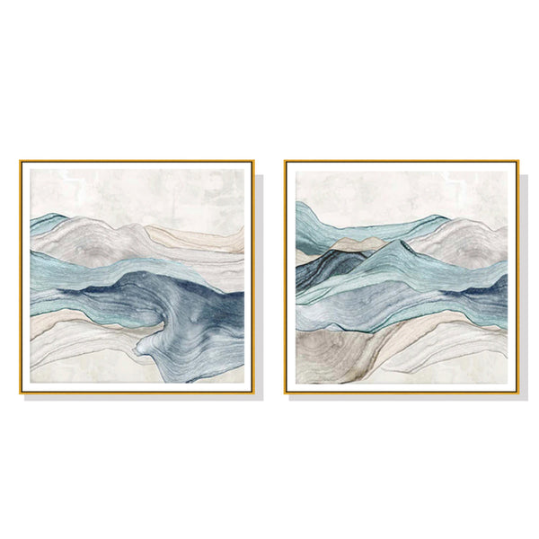 Artime Wall 100Cmx100cm Blue Mountain 2 Sets Gold Frame Canvas Posters & Prints