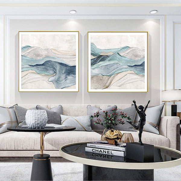 Wall Art 100Cmx100cm Blue Mountain 2 Sets Gold Frame Canvas