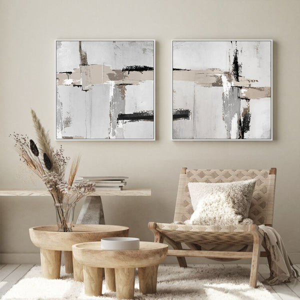 Wall Art 50Cmx50cm Neutral Abstract 2 Sets White Frame Canvas