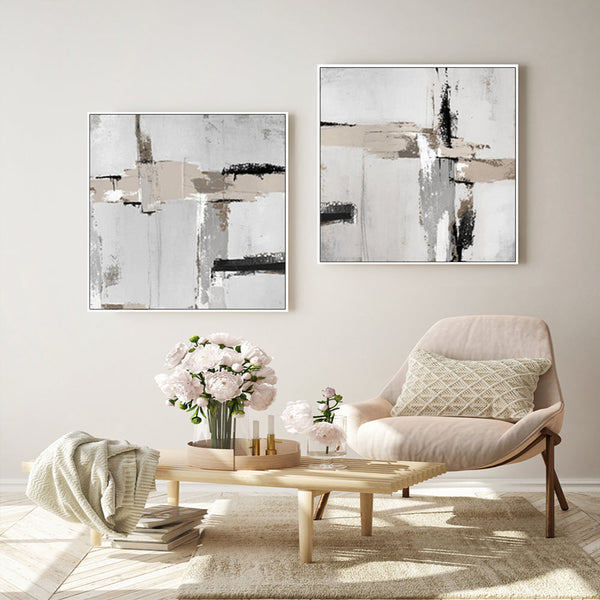 Wall Art 80Cmx80cm Neutral Abstract 2 Sets White Frame Canvas