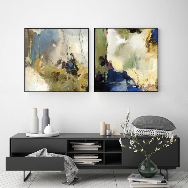Wall Art 60Cmx60cm Abstract Blue 2 Sets Black Frame Canvas