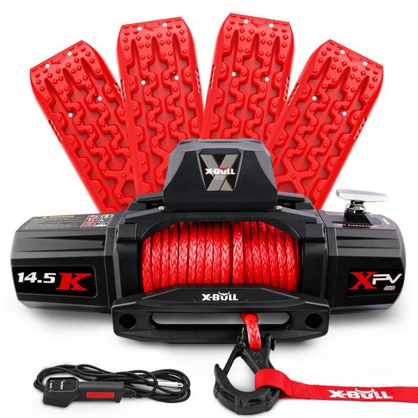 X Bull 14500Lbs Electric Winch 12V Synthetic Rope With 4Pcs Recovery Tracks Gen3.0 Red Tow Bars & Winches