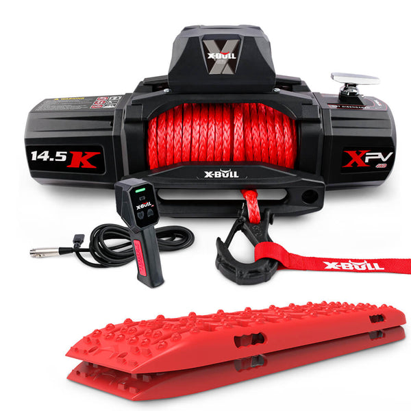 X Bull 14500Lbs Electric Winch 12V Synthetic Rope With Recovery Tracks Gen3.0 Red Tow Bars & Winches