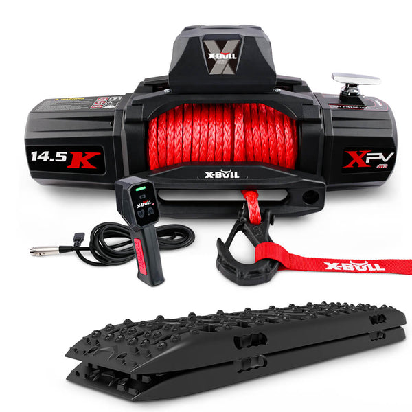 X Bull 14500Lbs Electric Winch 12V Synthetic Rope With Recovery Tracks Gen3.0 Black Tow Bars & Winches