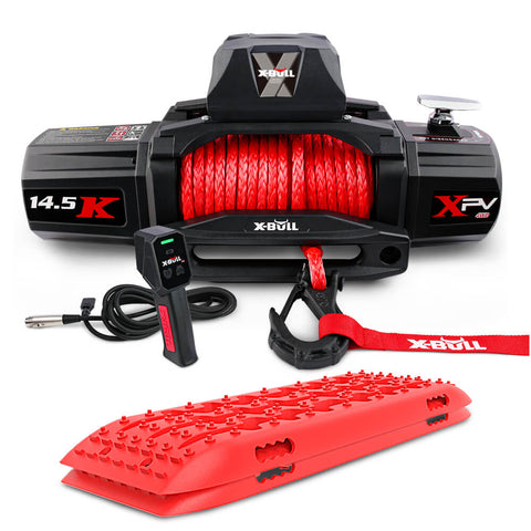 X Bull 12V Electric Winch 14500Lbs Synthetic Rope With Recovery Tracks Gen2.0 Red Tow Bars & Winches