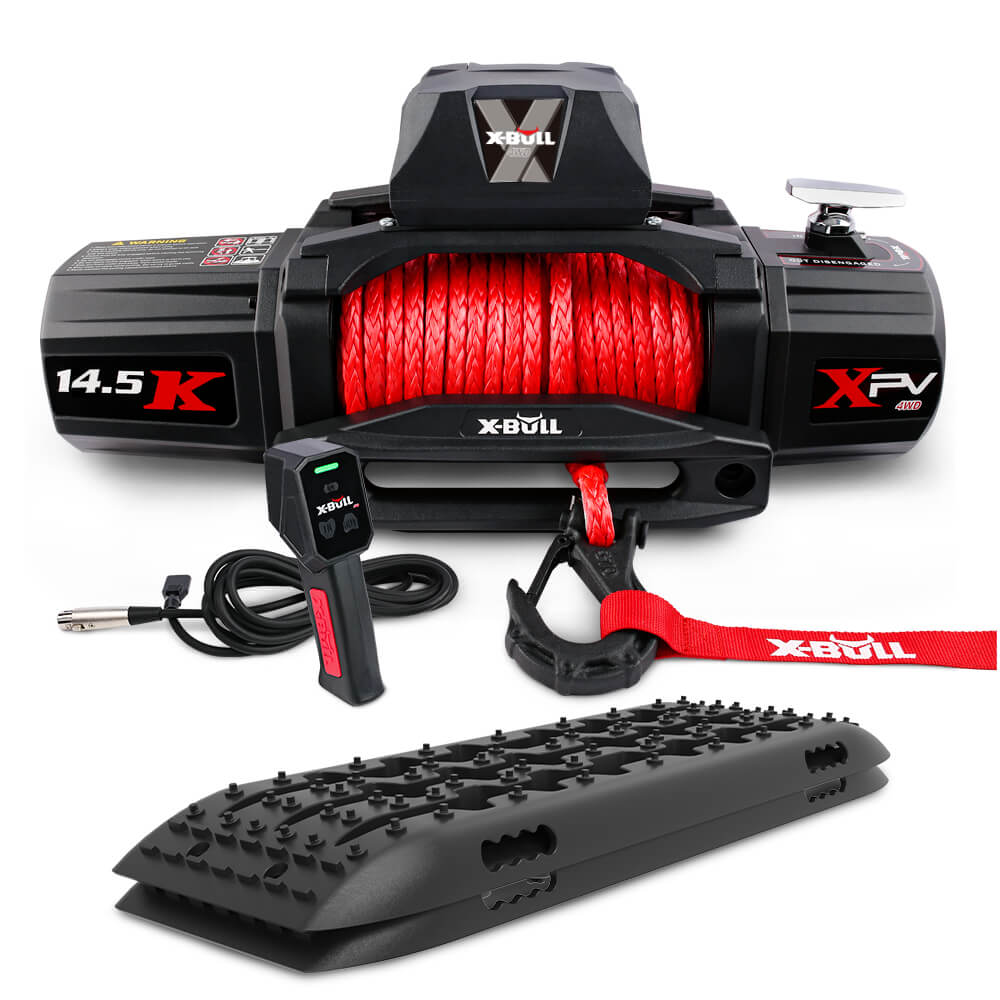 X Bull 12V Electric Winch 14500Lbs Synthetic Rope With Recovery Tracks Gen2.0 Black Tow Bars & Winches