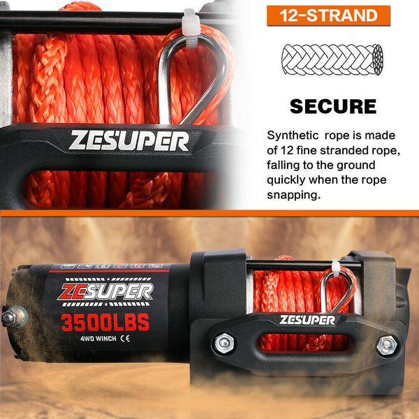 Zesuper 12V Winch 3500Lbs Electric Atv Synthetic Rope Trailer Boat Tow Bars & Winches