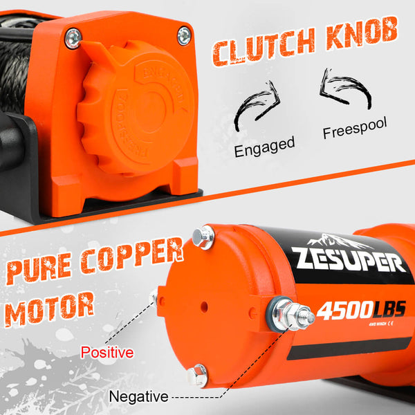 Zesuper 12V Electric Winch 4500Lb Synthetic Rope Boat Atv Trailer 4Wd