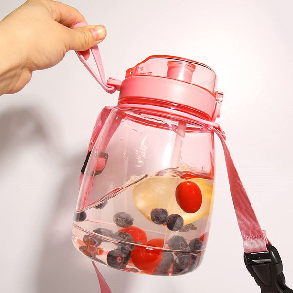Clear Large Water Bottle Jug With Adjustable Shoulder Strap - Pink