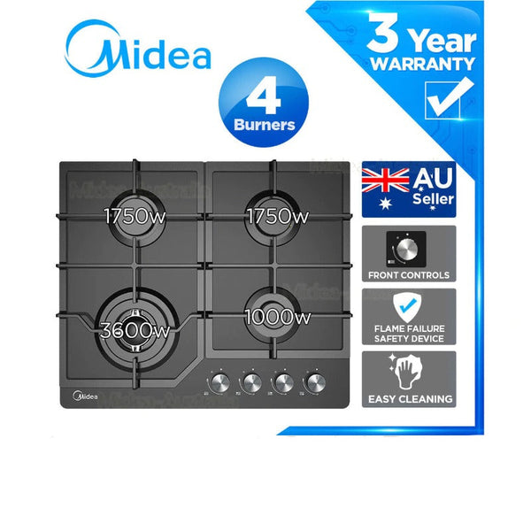 Midea Gas Glass Cooktop 60Cm Black Cooktops
