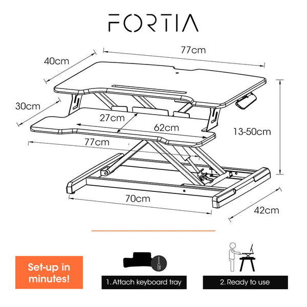 Fortia Desk Riser 77Cm Wide Adjustable Sit To Stand Dual Monitor, Keyboard, Laptop, Black