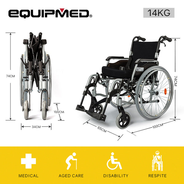Equipmed 24 Inch Portable Folding Wheelchair 24" Mobility Chair Alloy Senior Elderly Aid Wheelchairs