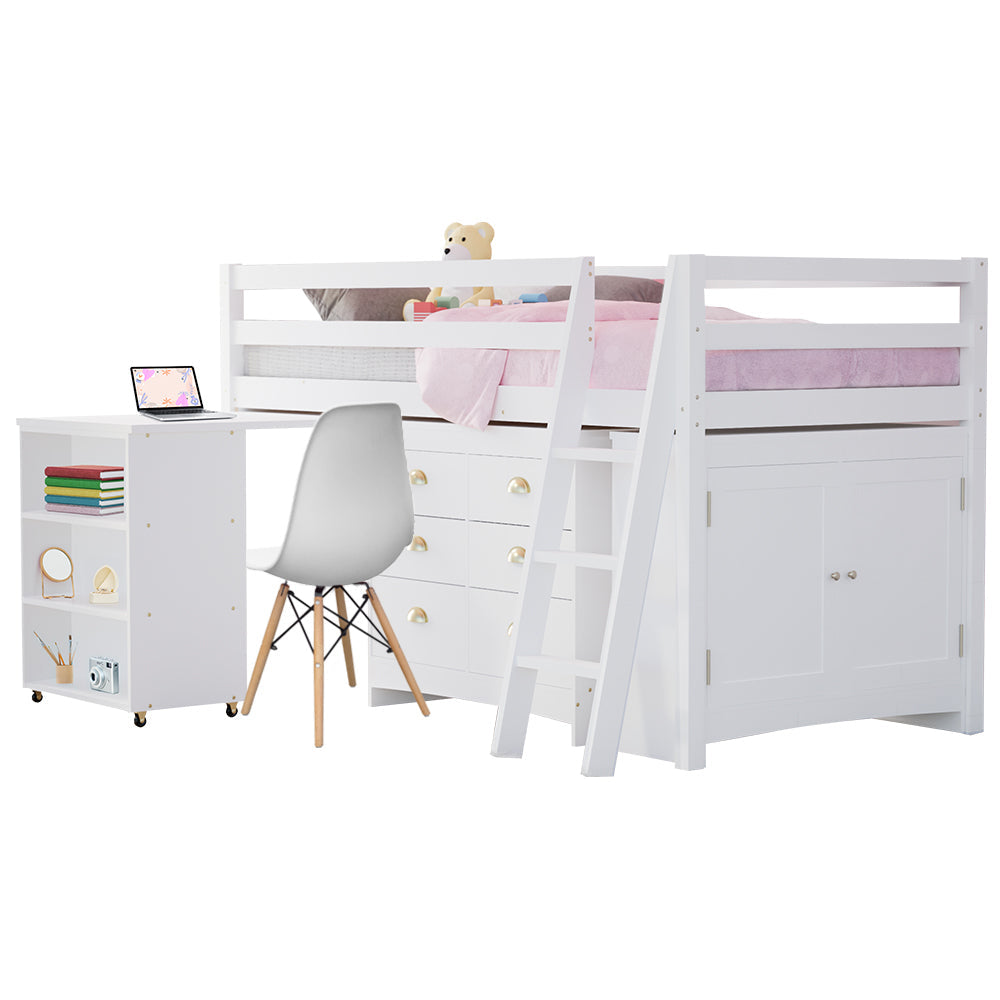 Kids Single Loft Bed Frame With Pull Out Desk Storage Drawers Cabinet White Single Bed Frames
