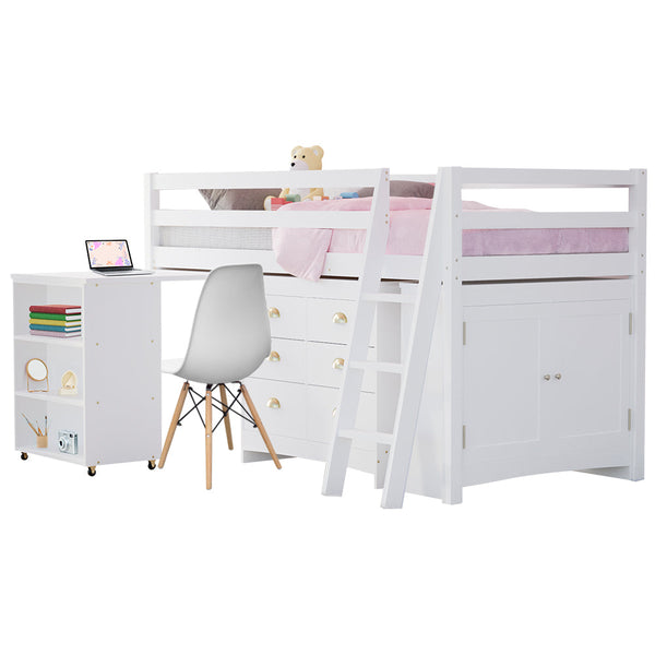 Kids Single Loft Bed Frame With Pull Out Desk Storage Drawers Cabinet White Single Bed Frames