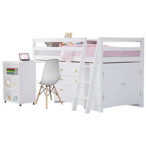 Kids Single Loft Bed Frame With Pull Out Desk Storage Drawers Cabinet White Single Bed Frames