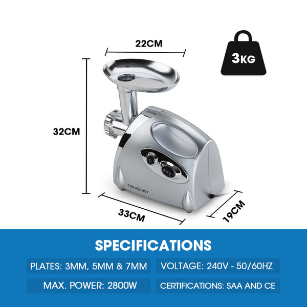 Eurochef 2800W Electric Meat Grinder Mincer Sausage Filler Kibbe Maker Mincers
