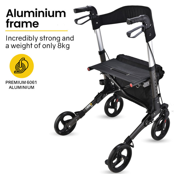 Equipmed Foldable Aluminium Walking Frame Rollator With Bag And Seat, Titanium Colour