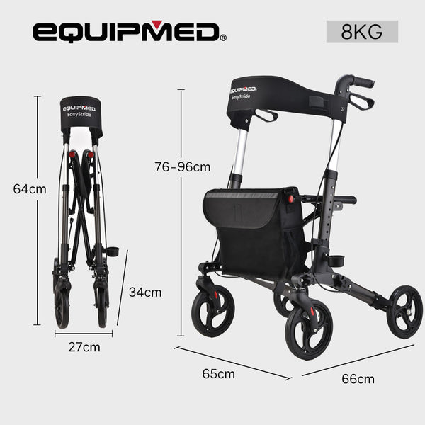 Equipmed Foldable Aluminium Walking Frame Rollator With Bag And Seat Titanium Colour Walkers & Canes