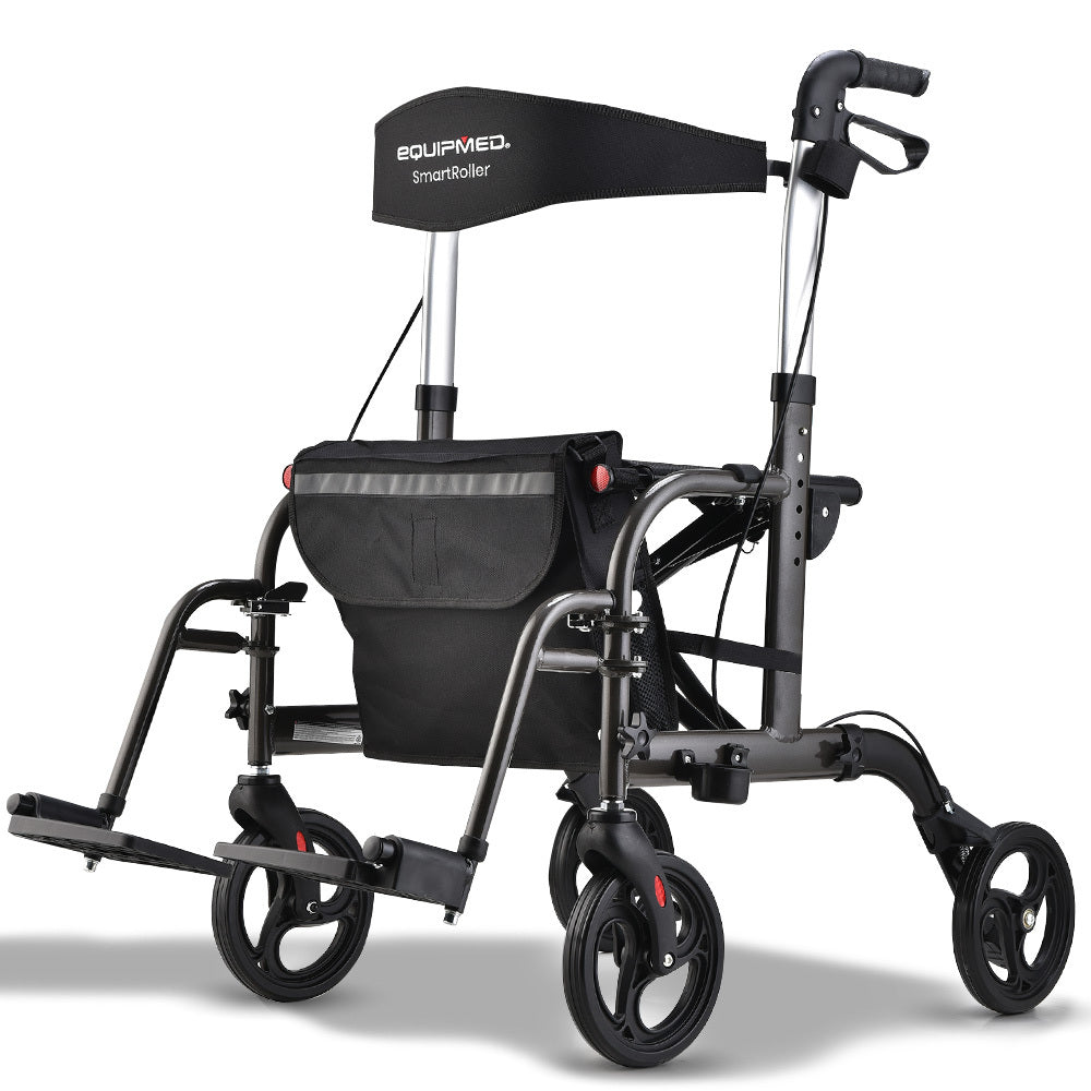 Equipmed 2 In 1 Foldable Aluminium Walking Frame Rollator And Transit Wheelchair With Bag Titanium Colour Walkers & Canes