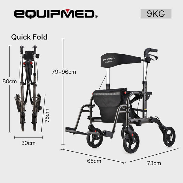 Equipmed 2 In 1 Foldable Aluminium Walking Frame Rollator And Transit Wheelchair With Bag Titanium Colour Walkers & Canes