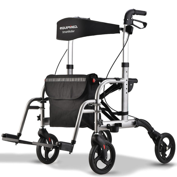 Equipmed 2 In 1 Folding Rollator Wheelchair Mobility Walker W/ Park Brakes & Bag Silver Walkers & Canes