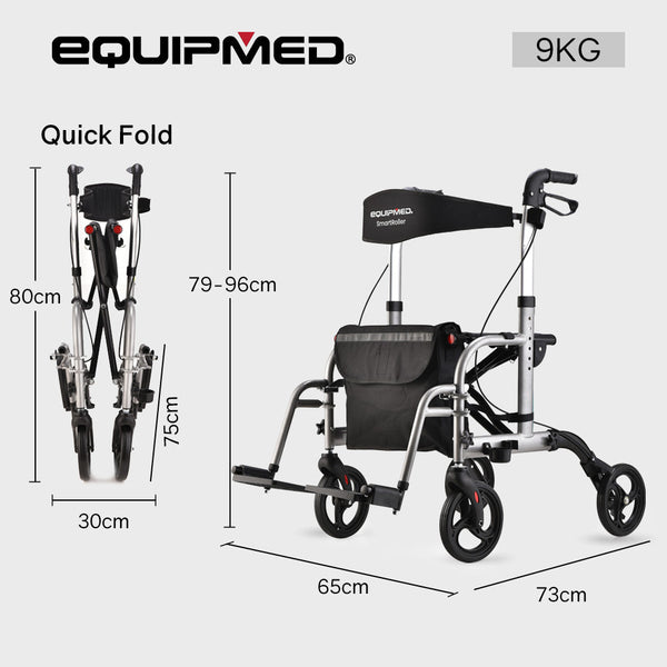 Equipmed 2 In 1 Folding Rollator Wheelchair Mobility Walker W/ Park Brakes & Bag Silver Walkers & Canes