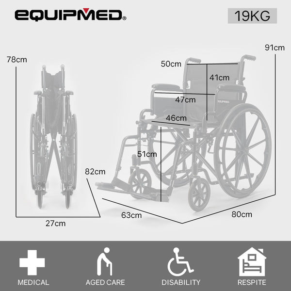 Equipmed Portable Folding Wheelchair 24 Inch 136Kg Capacity Chair Retractable Armrests, Black