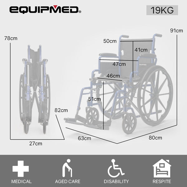 Equipmed Wheelchair 24 Inch Folding Lightweight Chair136kg Capacity Mobility. Blue Wheelchairs