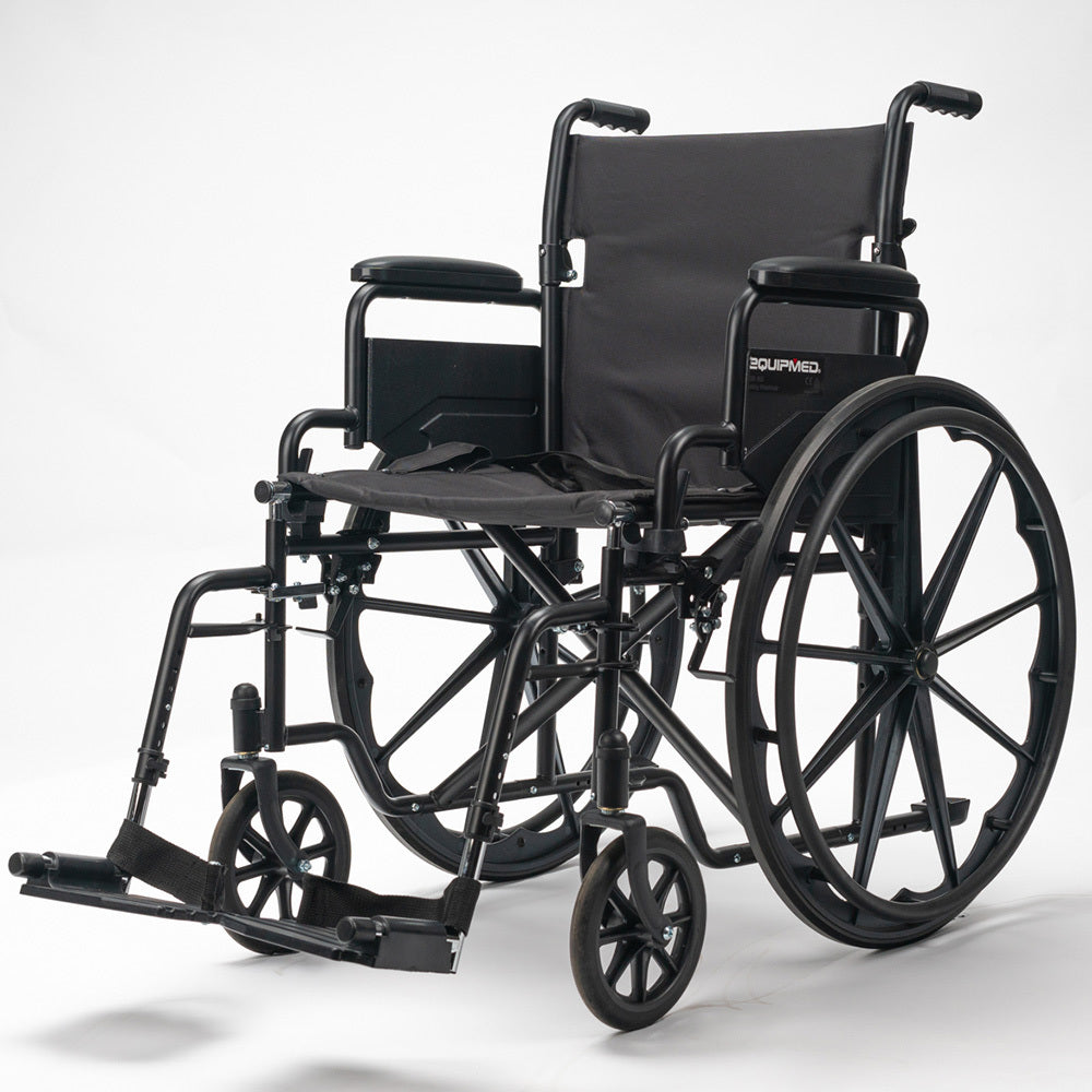 Equipmed 24 Inch Folding Wheelchair With Park Brakes 136Kg Capacity 51Cm Wide Seat Black Wheelchairs