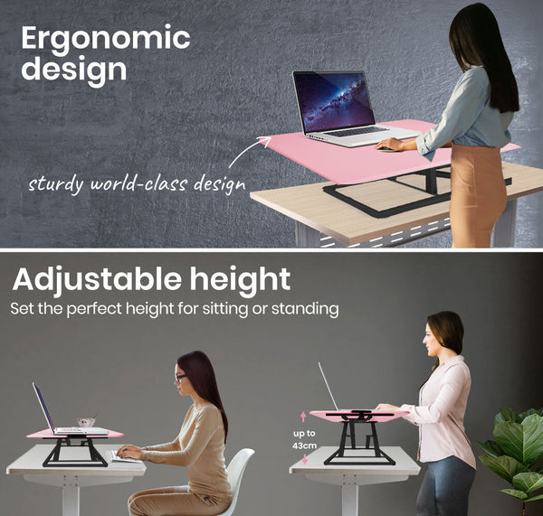 Fortia Desk Riser 74Cm Wide Adjustable Sit To Stand Dual Monitor, Keyboard, Laptop, Pink