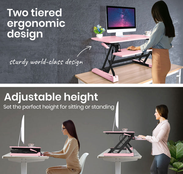 Fortia Desk Riser 90Cm Wide Adjustable Sit To Stand Dual Monitor, Keyboard, Laptop, Pink
