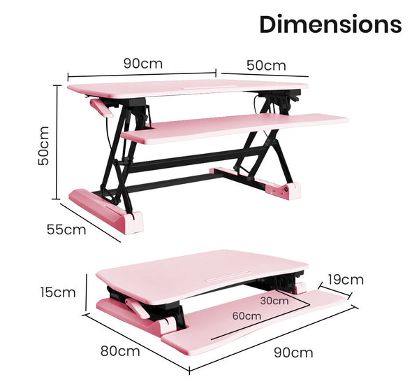 Fortia Desk Riser 90Cm Wide Adjustable Sit To Stand Dual Monitor, Keyboard, Laptop, Pink