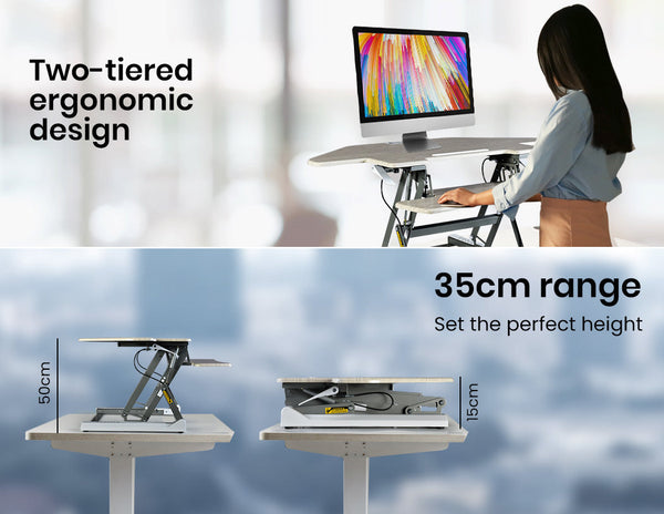 Fortia Corner Desk Riser 110Cm Wide Adjustable Sit To Stand Dual Monitor, Keyboard, Laptop, Beech