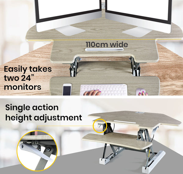 Fortia Corner Desk Riser 110Cm Wide Adjustable Sit To Stand Dual Monitor, Keyboard, Laptop, Beech
