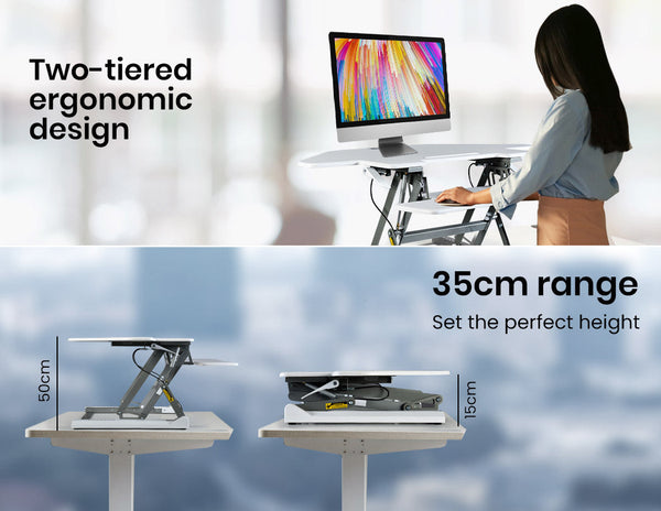 Fortia Corner Desk Riser 110Cm Wide Adjustable Sit To Stand Dual Monitor, Keyboard, Laptop, White