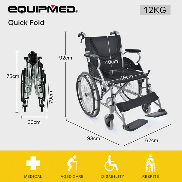 Equipmed 20 Inch Folding Wheelchair Lightweight Aluminium Portable With Park Brakes Black Wheelchairs