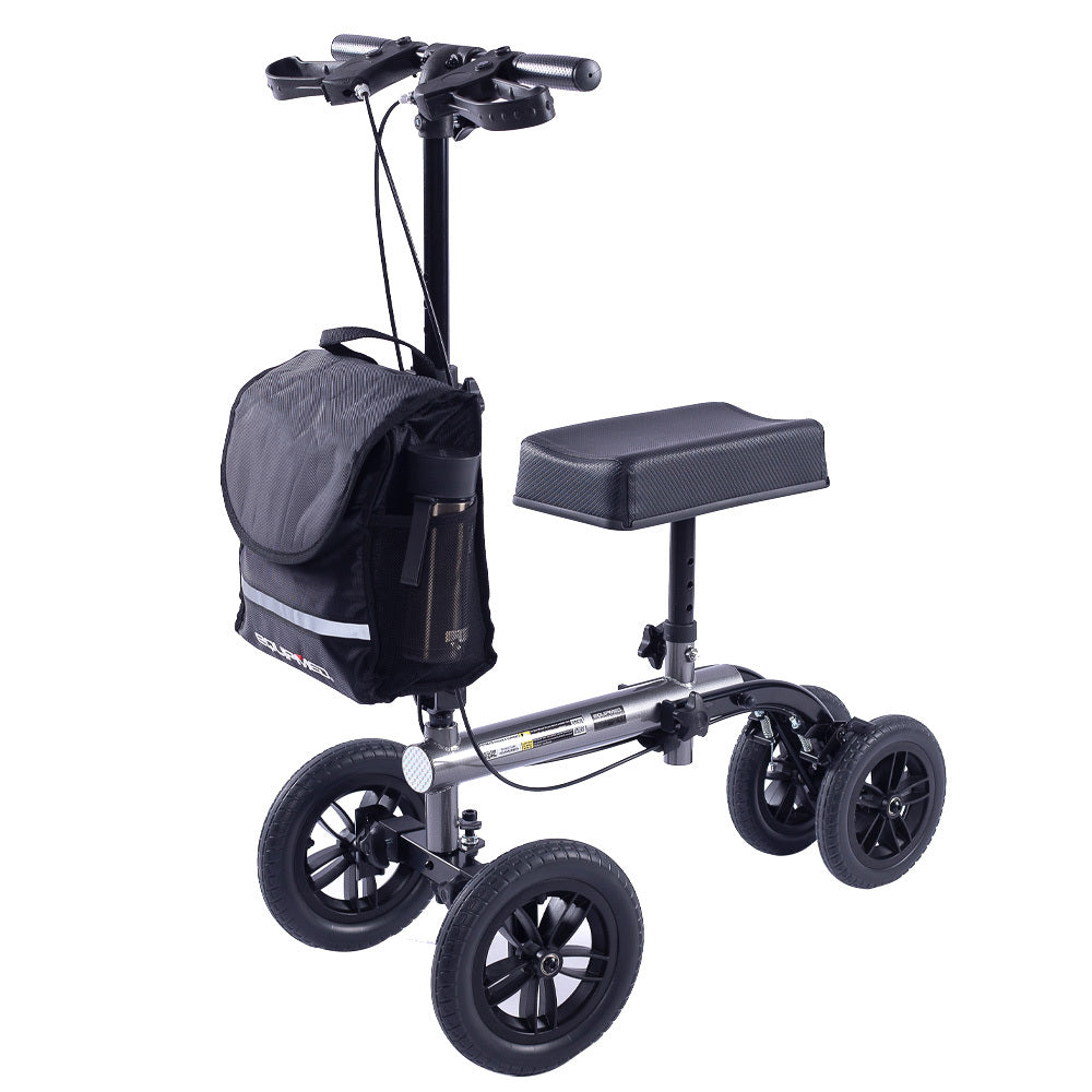 Equipmed Knee Scooter Walker 10 Inch Tyres Dual Brakes Bag Broken Leg Ankle Foot Mobility Crutches Alternative Titanium Colour Walkers & Canes
