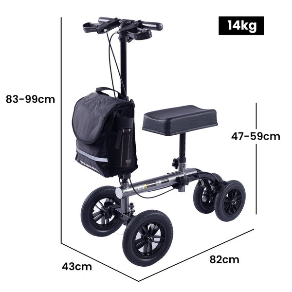 Equipmed Knee Scooter Walker 10 Inch Tyres Dual Brakes Bag Broken Leg Ankle Foot Mobility Crutches Alternative Titanium Colour Walkers & Canes