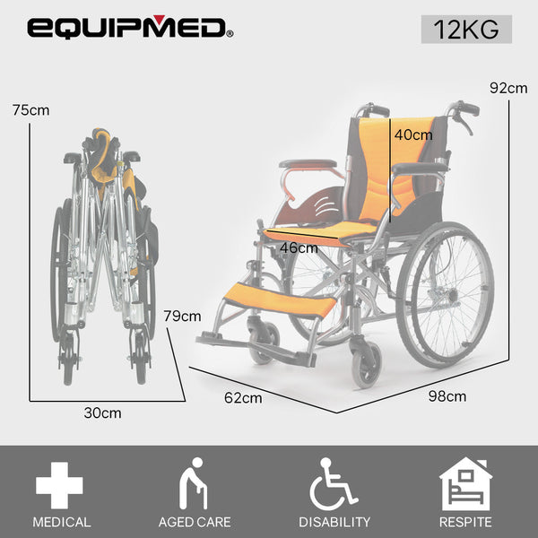 Wheelchairs Equipmed Folding Aluminium Wheelchair 20" Wheels Park Brakes 100Kg Capacity Orange