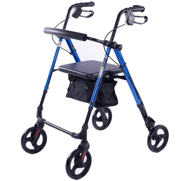 Equipmed 4 Wheel Lightweight Rollator Walker Aluminium Frame Seat Carry Bag For Seniors Blue Walkers & Canes