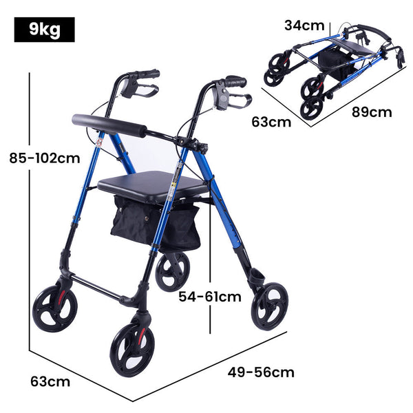 Equipmed 4 Wheel Lightweight Rollator Walker Aluminium Frame Seat Carry Bag For Seniors Blue Walkers & Canes